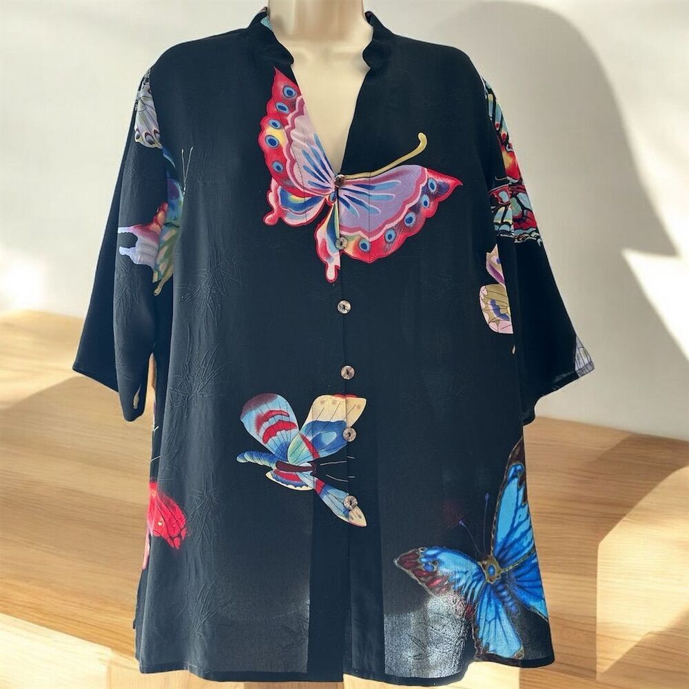 Butterfly Print Black Blouse - Relaxed Button Front